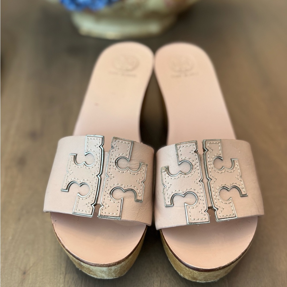 TORY BURCH Ines 80mm Blush Pink Leather Wedge Slide Sandals Women